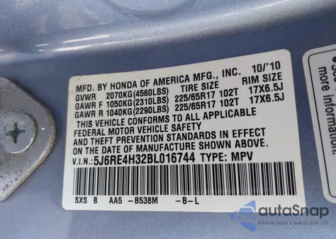 2011 Honda Cr-V Lx из США, поврежденный, VIN 5J6RE4H32BL016744